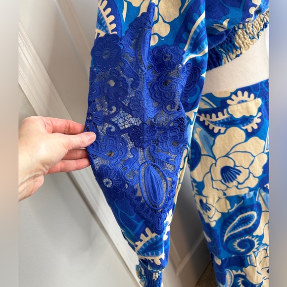 House of Harlowe 1960 Blue Cream Floral Paisley Repeat Top Maxi Skirt Set Linen - Picture 8 of 15